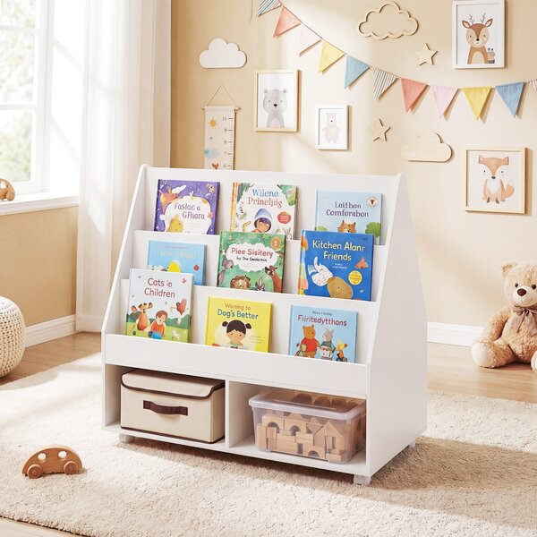 Costway Libreria montessori con lavagna per bambini, Scaffale portagiochi con ruote con ripiani e scomparti in Bianco