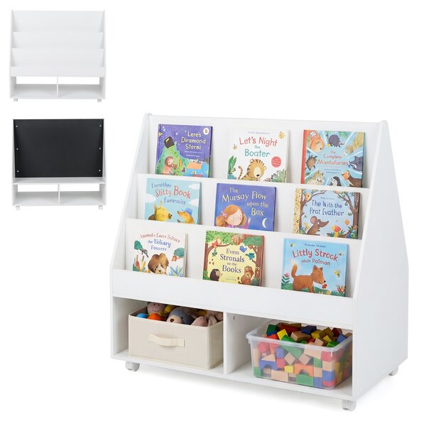 Costway Libreria montessori con lavagna per bambini, Scaffale portagiochi con ruote con ripiani e scomparti in Bianco