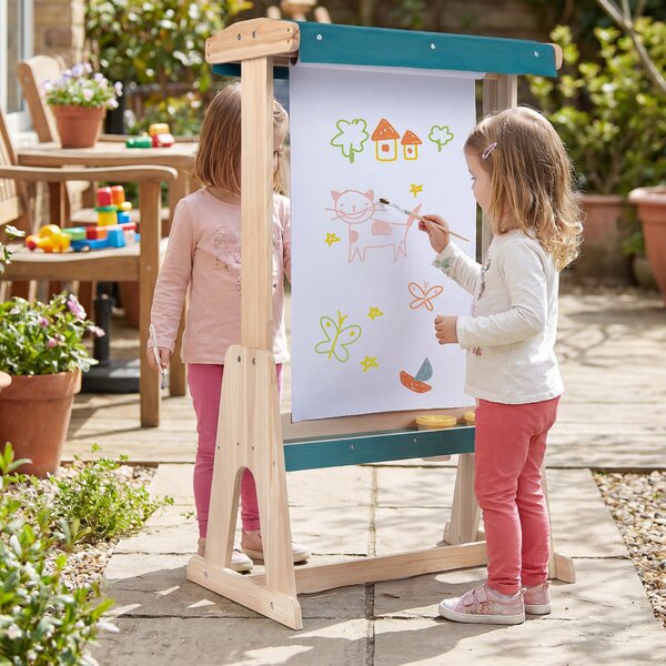 Costway Cavalletto esterno per bambini 3+ tettoia parasole pannello trasparente, Cavalletto pittura legno rotolo tazze colori