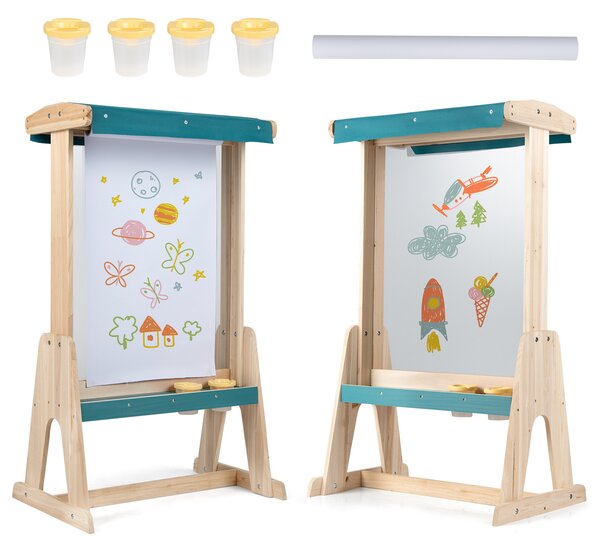 Costway Cavalletto esterno per bambini 3+ tettoia parasole pannello trasparente, Cavalletto pittura legno rotolo tazze colori