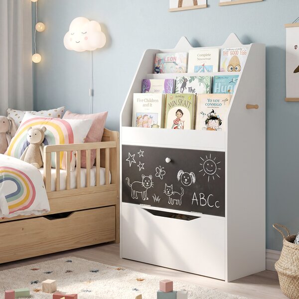 Costway Libreria montessori con lavagna per bambini con 3 ripiani cassetto con ruote vano nascosto e ganci, Organizer in legno porta libri giocattoli