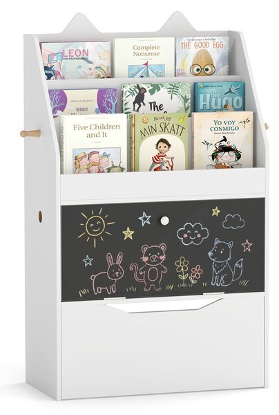 Costway Libreria montessori con lavagna per bambini con 3 ripiani cassetto con ruote vano nascosto e ganci, Organizer in legno porta libri giocattoli
