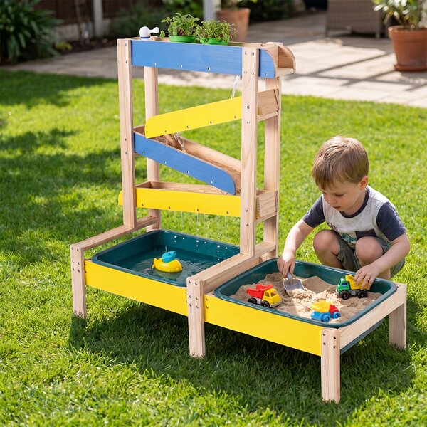 Costway Tavolo sabbia e acqua in legno con rubinetto bambini 3+, Tavolo gioco acqua con barchette sottomarino 2 vasche e 2 vasi