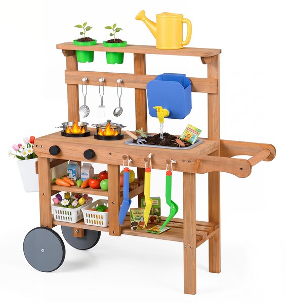 Costway Cucina per bambini in legno per bambini 3+ anni, Cucina di fango da esterno con accessori per cucinare