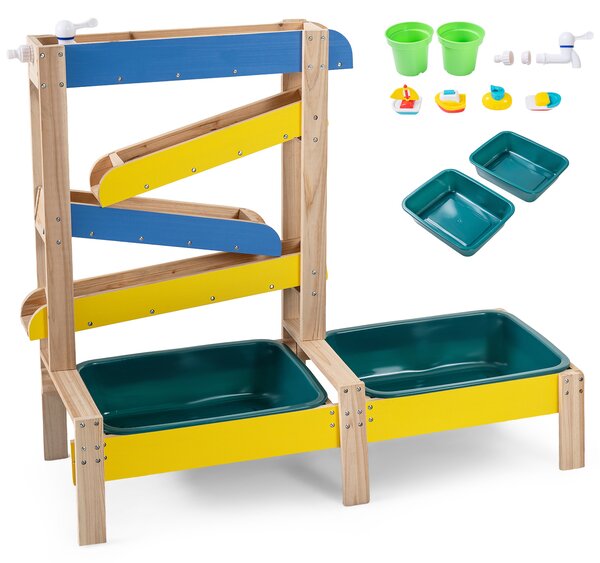 Costway Tavolo sabbia e acqua in legno con rubinetto bambini 3+, Tavolo gioco acqua con barchette sottomarino 2 vasche e 2 vasi