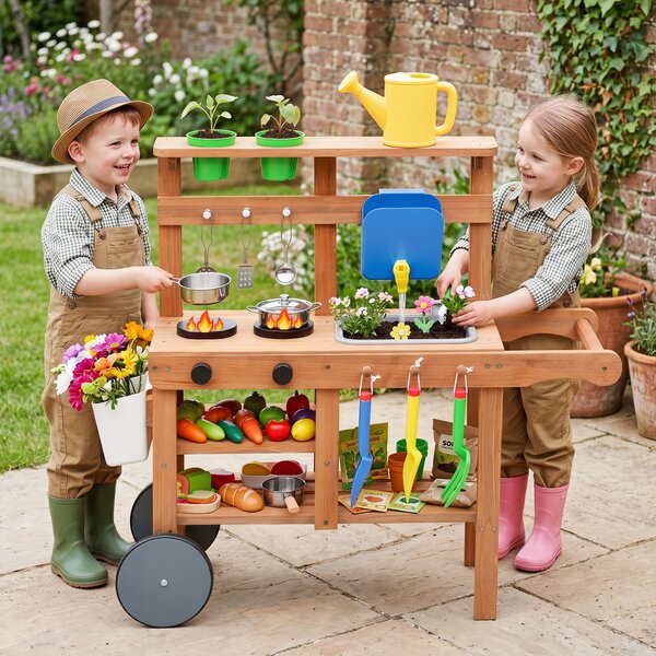 Costway Cucina per bambini in legno per bambini 3+ anni, Cucina di fango da esterno con accessori per cucinare