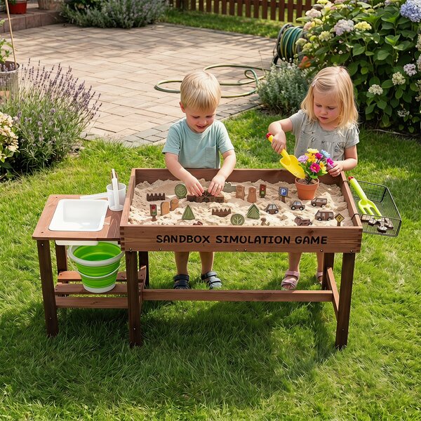 Costway Sabbiera per bambini da esterno con pompa e lavello smontabile, Tavolo sabbiera e acqua in legno per bambini 3+ anni