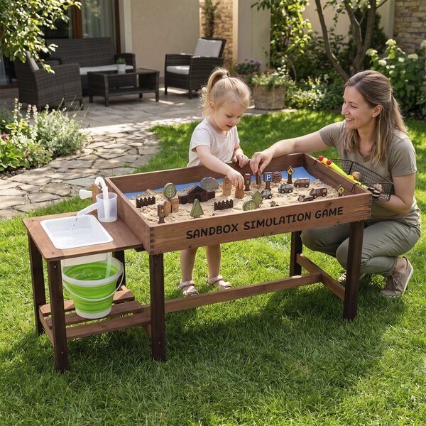 Costway Sabbiera per bambini da esterno con pompa e lavello smontabile, Tavolo sabbiera e acqua in legno per bambini 3+ anni
