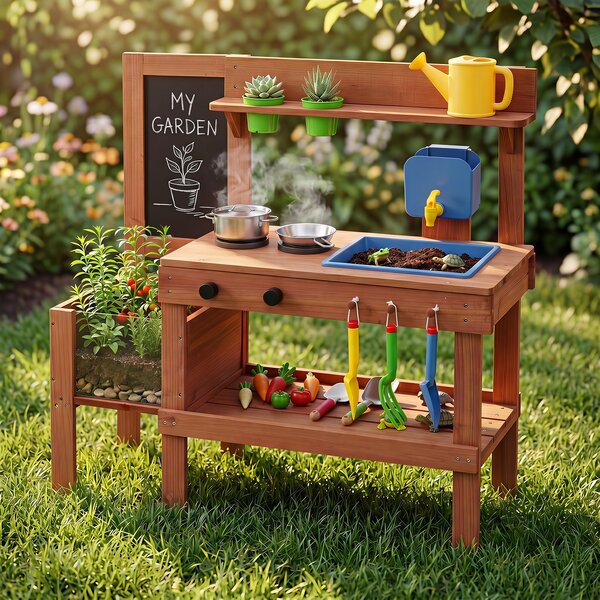 Costway Cucina giocattolo per bambini per bambini 3+ anni cucinetta in legno, Cucina da fango interattiva con accessori per giardinaggio
