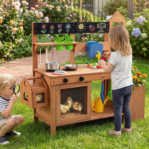 Costway Cucina giocattolo in legno massello per bambini 3+ anni, Cucinetta montessori da esterno con giocare sabbia e acqua