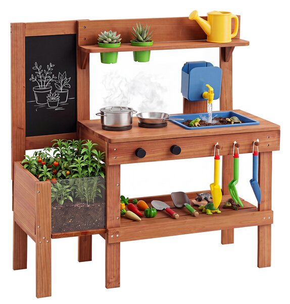 Costway Cucina giocattolo per bambini per bambini 3+ anni cucinetta in legno, Cucina da fango interattiva con accessori per giardinaggio