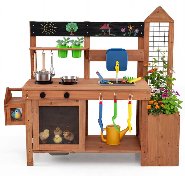 Costway Cucina giocattolo in legno massello per bambini 3+ anni, Cucinetta montessori da esterno con giocare sabbia e acqua