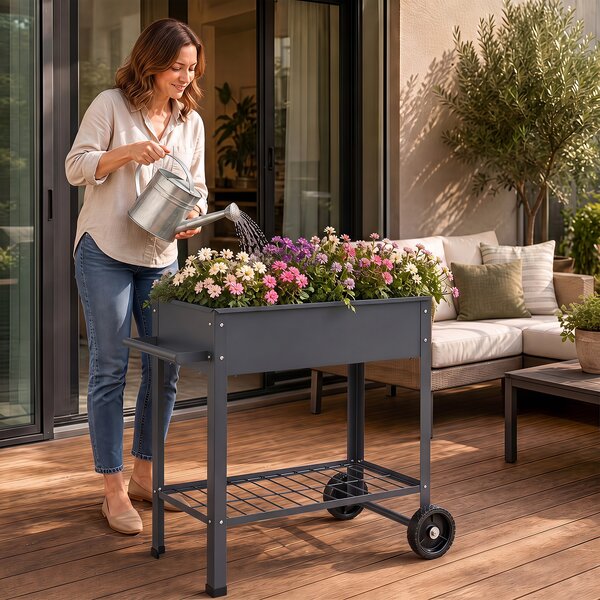 Costway Letto da giardino rialzato per coltivare ortaggi erbe e fiori per cortile e balcone, Fioriera in metallo aiuola alta da esterno Grigio