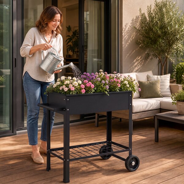 Costway Letto da giardino rialzato per coltivare ortaggi erbe e fiori per cortile e balcone, Fioriera in metallo aiuola alta da esterno Nero