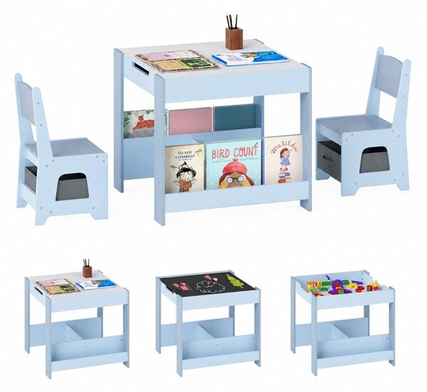Costway Set tavolo e sedie per bambini per bambini con piano reversibile, Set tavolo scaffali e cassetti per disegno Blu