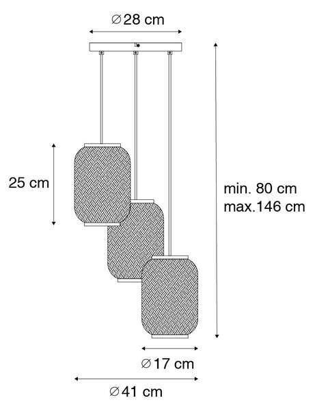 Lampada a sospensione orientale in bambù con 3 luci nere - Yvonne