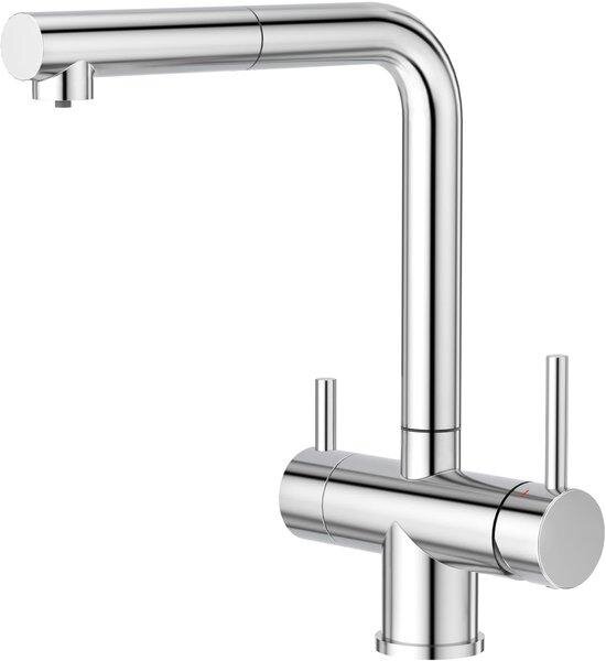 Colonna girevole con 3 funzioni, rotazione a 360 gradi, selettore per filtro dell'acqua, rubinetto a due maniglie, miscelatore per lavello 3 in 1, cromato