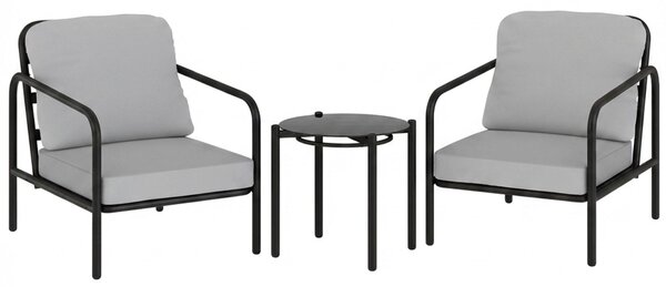 Set 3 Pezzi da Pranzo Bistrò con 2 Sedie con Cuscini Spessi Tavolino con Piano in Vetro Temperato in Acciaio Nero