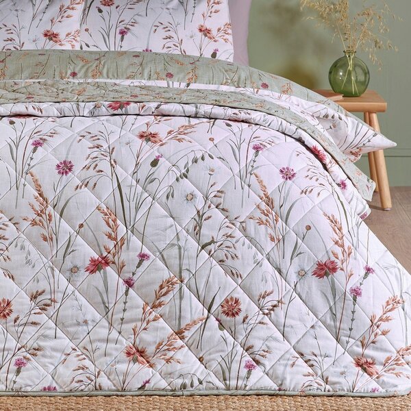 Copriletto verde e beige in cotone con rivestimento trapuntato 200x220 cm Grasmere Floral – Catherine Lansfield