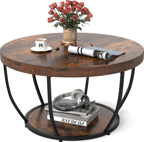 Tavolino rotondo con 2 ripiani, tavolino con piano effetto legno e robusta struttura in metallo, da posizionare accanto al divano, stile industriale, 80 x 80 x 45 cm, marrone