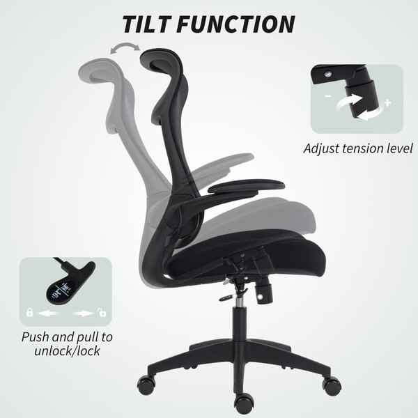 HOMCOM Sedia da Ufficio Ergonomica Girevole in Rete con Supporto Lombare Braccioli Ribaltabili Poggiatesta Basculante Nero | Aosom Italy