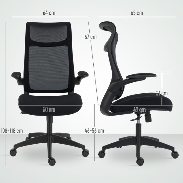HOMCOM Sedia da Ufficio Ergonomica Girevole in Rete con Supporto Lombare Braccioli Ribaltabili Poggiatesta Basculante Nero | Aosom Italy