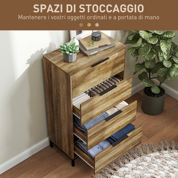 HOMCOM Cassettiera 4 Cassetti Antiribaltamento con Maniglie Nere, in Legno e Metallo, 62x35x105 cm, Marrone Scuro