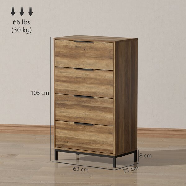 HOMCOM Cassettiera 4 Cassetti Antiribaltamento con Maniglie Nere, in Legno e Metallo, 62x35x105 cm, Marrone Scuro