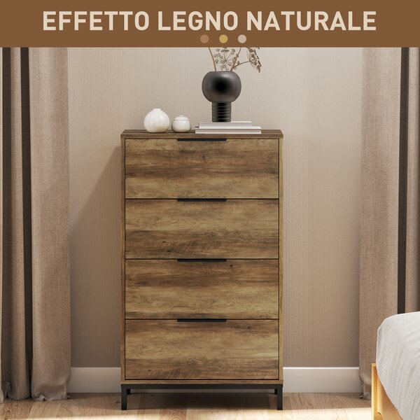 HOMCOM Cassettiera 4 Cassetti Antiribaltamento con Maniglie Nere, in Legno e Metallo, 62x35x105 cm, Marrone Scuro