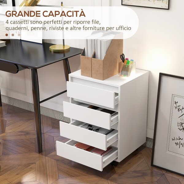 HOMCOM Cassettiera da Ufficio con 4 Cassetti e Ruote con Freno in Legno MDF, 46x40x65 cm, Bianco | Aosom Italy