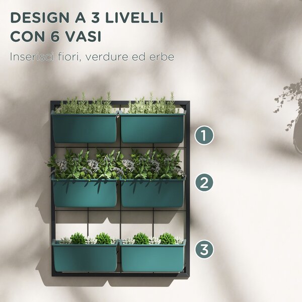 Outsunny Orto Verticale da Parete a 3 Livelli con 6 Vasi, in Acciaio e Plastica, 52x14x66 cm, Verde | Aosom Italy