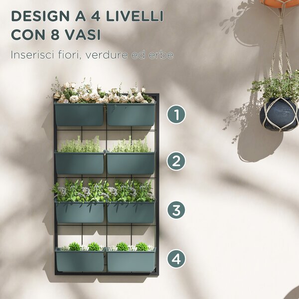 Outsunny Orto Verticale da Parete a 4 Livelli con 8 Vasi, in Acciaio e Plastica, 52x14x90 cm, Verde Scuro e Nero | Aosom Italy