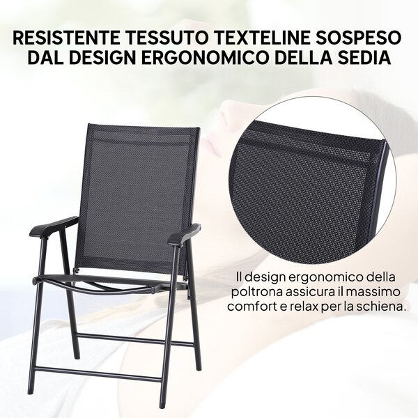 Outsunny Set 2 Sedie da Giardino Pieghevoli con Braccioli, in Metallo e Texteline, 58x64x94cm, Nero | Aosom Italy