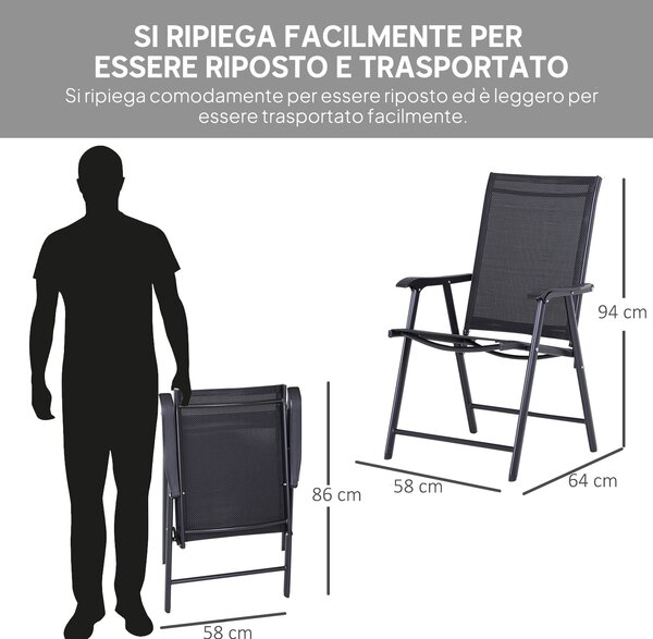 Outsunny Set 2 Sedie da Giardino Pieghevoli con Braccioli, in Metallo e Texteline, 58x64x94cm, Nero | Aosom Italy