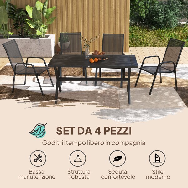 Outsunny Set 4 Sedie da Giardino Impilabili e Salvaspazio con Braccioli in Metallo e Tessuto a Rete, Nero | Aosom Italy