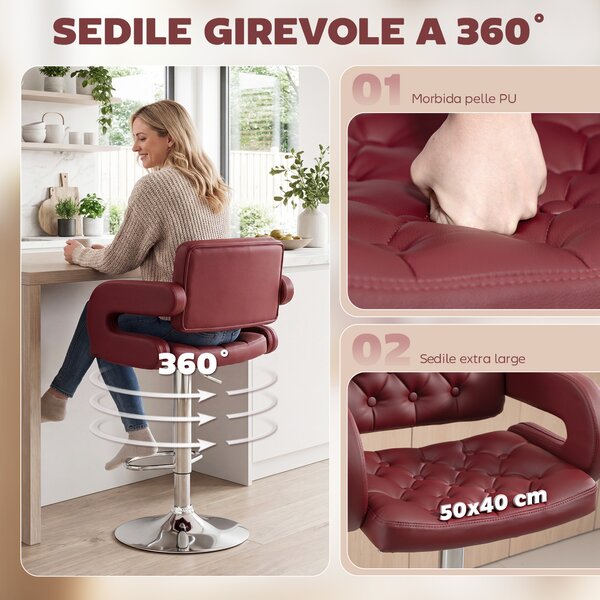 HOMCOM Sgabello da Bar con Schienale e Braccioli, Altezza Regolabile e Poggiapiedi, Finta Pelle Rosso | Aosom Italy