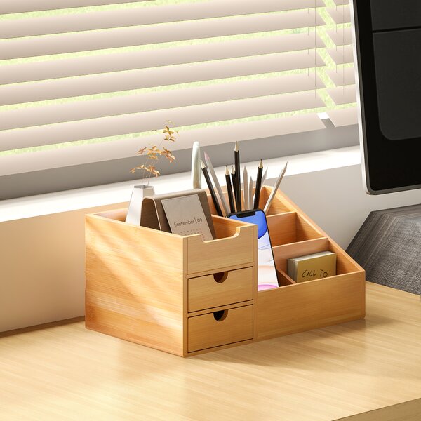 HOMCOM Organizer da Scrivania in Bambù con 2 Cassetti e 7 Scomparti Portaoggetti, 33x20.5x15.5 cm | Aosom Italy