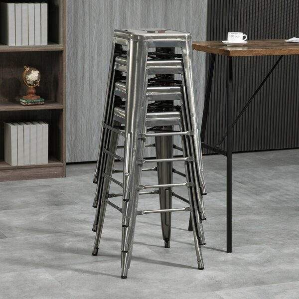 HOMCOM Set di 4 sgabelli da bar industriale impilabili altezza seduta 76 cm in metallo argento