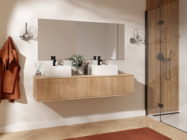 Mobile per bagno sospeso scanalato con doppio lavabo - Naturale chiaro - 150 cm - ARNEGA