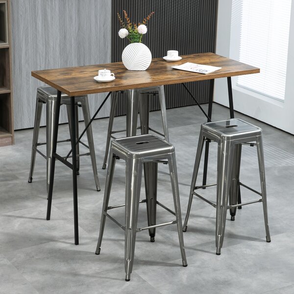 HOMCOM Set di 4 sgabelli da bar industriale impilabili altezza seduta 76 cm in metallo argento