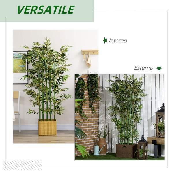HOMCOM Pianta di Bambù Artificiale Alta 180 cm da 1640 Foglie con Base in Legno di Pino 35x10x10 cm, Verde | Aosom Italy