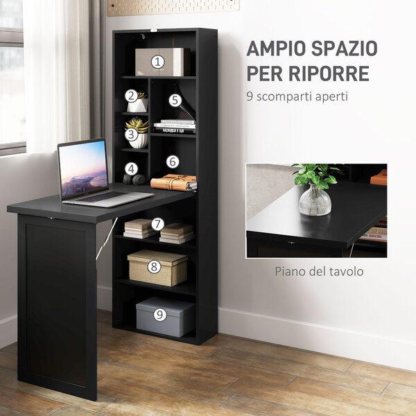 HOMCOM Scrivania Moderna Pieghevole con Libreria e Lavagna, in Legno e Metallo, 98x51x153 cm, Nero | Aosom Italy