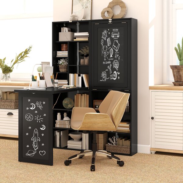 HOMCOM Scrivania Moderna Pieghevole con Libreria e Lavagna, in Legno e Metallo, 98x51x153 cm, Nero | Aosom Italy
