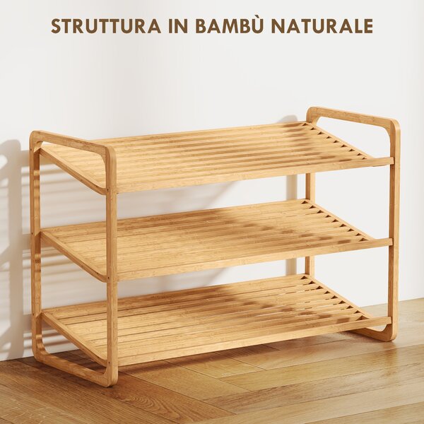 HOMCOM Scaffale Scarpiera a 3 Livelli per 12 Scarpe con Ripiani a Doghe in Bambù, 76x33x50.8 cm, Colore Legno | Aosom Italy