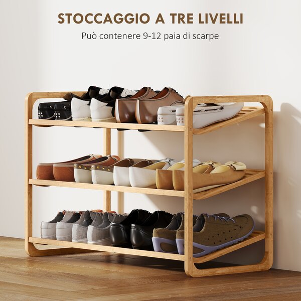 HOMCOM Scaffale Scarpiera a 3 Livelli per 12 Scarpe con Ripiani a Doghe in Bambù, 76x33x50.8 cm, Colore Legno | Aosom Italy