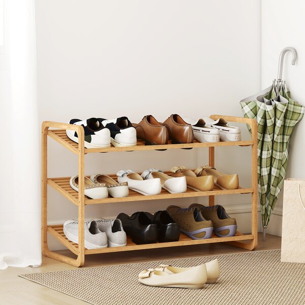 HOMCOM Scaffale Scarpiera a 3 Livelli per 12 Scarpe con Ripiani a Doghe in Bambù, 76x33x50.8 cm, Colore Legno | Aosom Italy