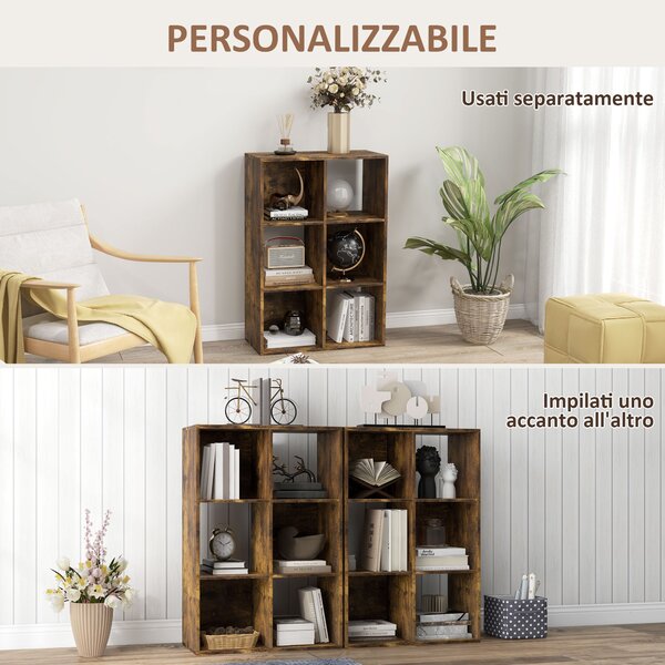 HOMCOM Libreria a Cubi con 6 Ripiani Portaoggetti in Legno dal Design Rustico, 61.5x29.5x91.5 cm, Marrone | Aosom Italy