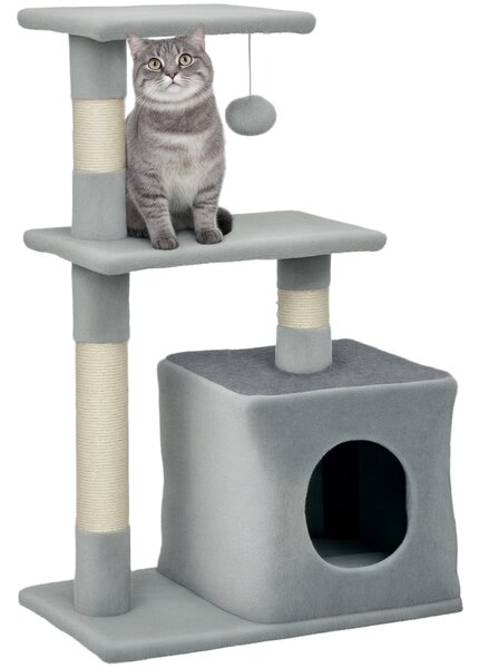Albero Tiragraffi con Casetta e Piattaforme in Peluche 50x30x81,5 cm Pali in Sisal Grigio