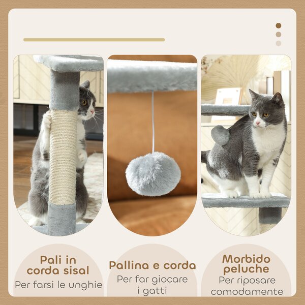 PawHut Tiragraffi per Gatti con Casetta, 2 Piattaforme e Pallina, in Legno, Sisal e Peluche, 50x30x81.5 cm, Grigio | Aosom Italy