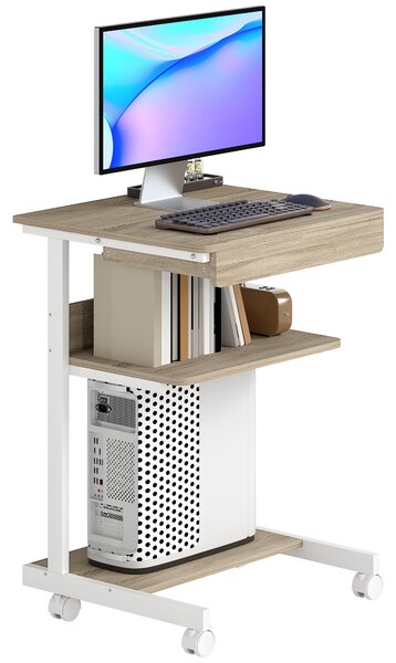 HOMCOM Scrivania PC con Cassetto Scorrevole, 2 Ripiani e 4 Rotelle, in Legno e Metallo, 56x51x79 cm, Bianco e Rovere | Aosom Italy
